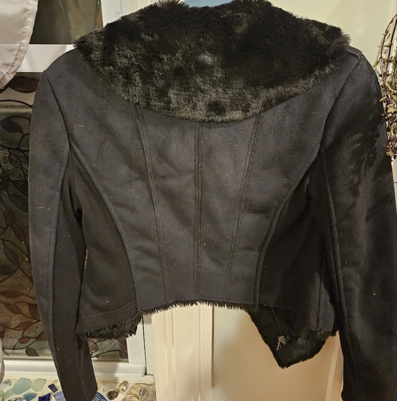 Black, suede, fur cropped jacket - Picture 2 of 4